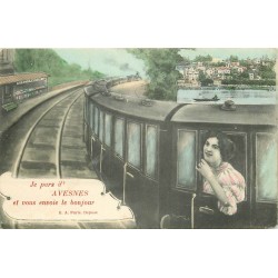 Carte montage Gare Train Locomotive Voyageuse. Je pars de (59) AVESNES 1909