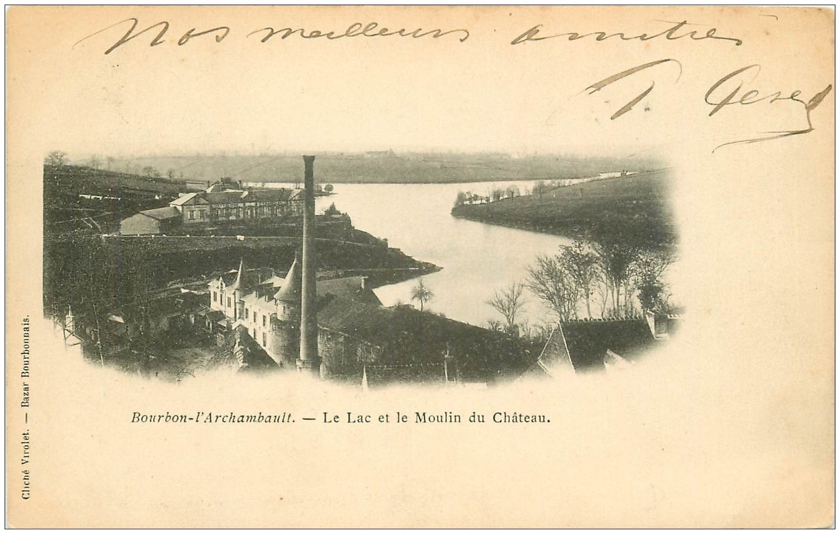 carte postale ancienne 03 BOURBON L'ARCHAMBAULT. Lac et Moulin du Château vers 1900