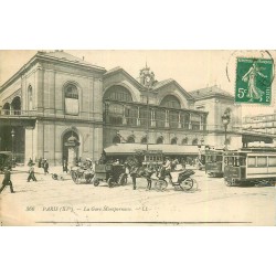 75015 PARIS. Tramway et fiacre devant la Gare Montparnasse 1912