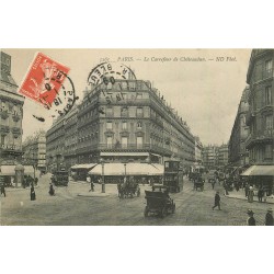 PARIS 09 Brasserie Muller, tramway à impérial, taxi et fiacres Carrefour de Châteaudun 1909
