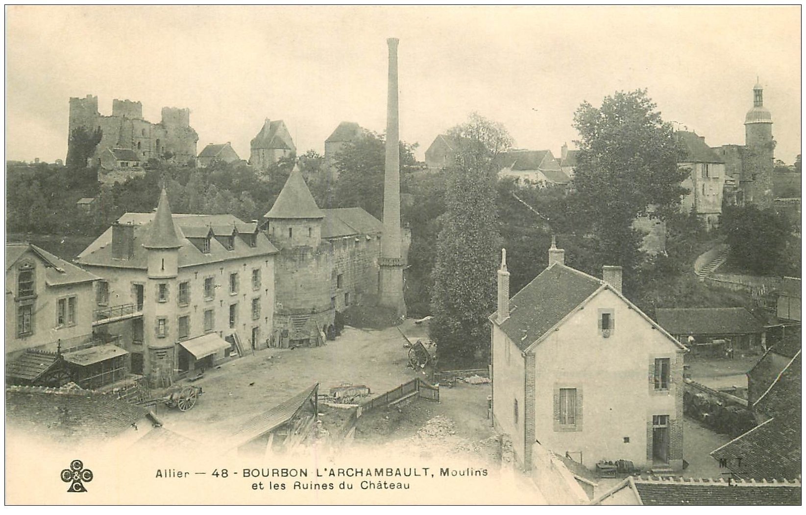 carte postale ancienne 03 BOURBON L'ARCHAMBAULT. Moulins et Château vers 1900