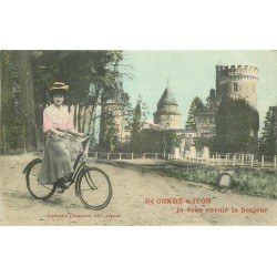 27 CONDE-SUR-ITON. Je vous envoie le bonjour par une femme à bicyclette 1909