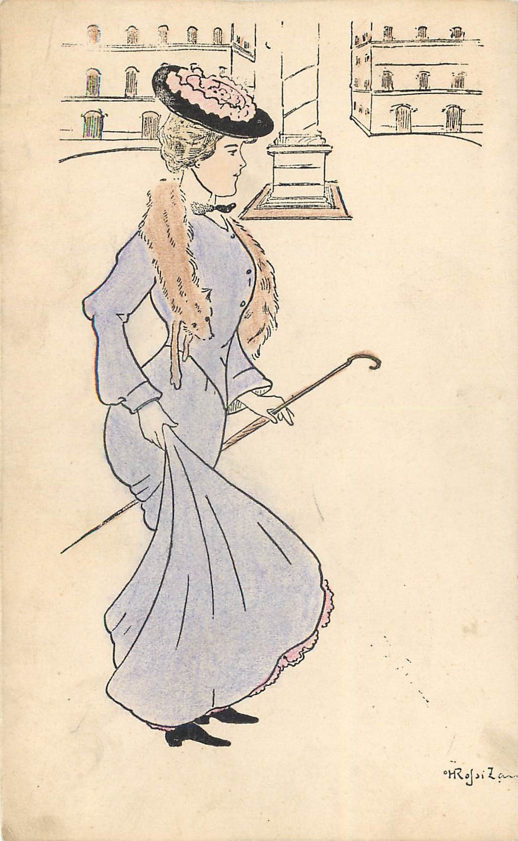 Illustrateur à identifier peut-être Sager Xavier . Elégante Place Vendôme style art nouveau