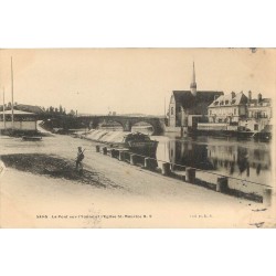 89 SENS. Péniche et Pont sur l'Yonne avec Eglise Saint-Maurice 1905