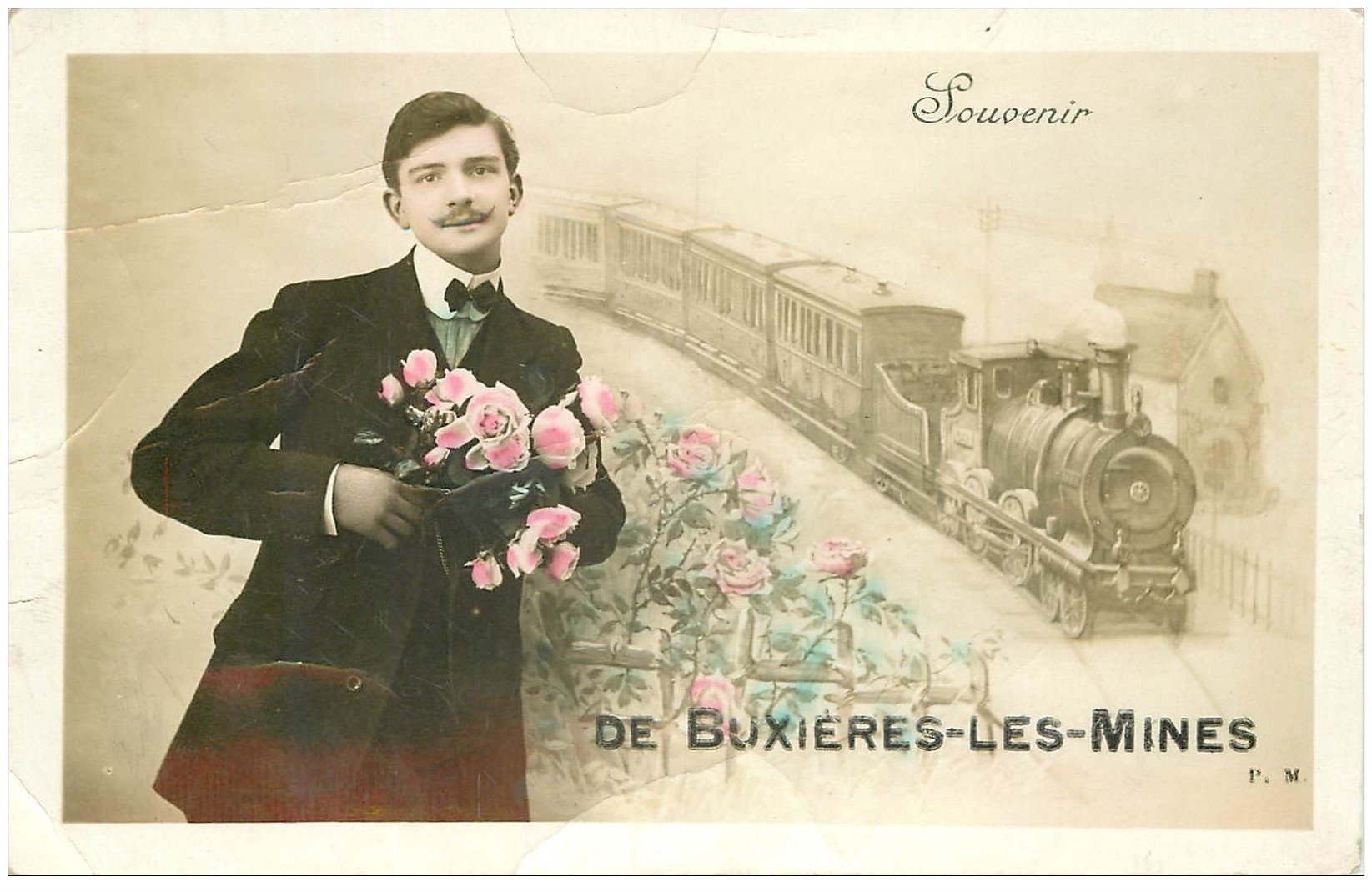 carte postale ancienne 03 BUXIERES-LES-MINES. Souvenir d'un Train. Carte émaillographie