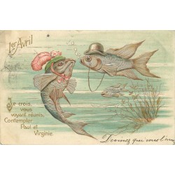 1er Avril Couple de Poissons en chapeau Paul et Virginie, carte gauffrée argentée 1905