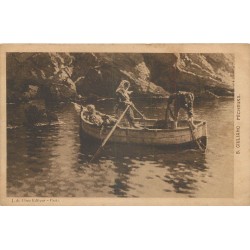 METIERS Pêche. Pêcheurs au filet en barque peinture par Giuliano 1905