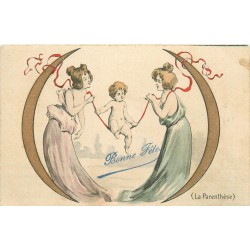Illustration LA PARENTHESE Femmes et Cupidon sur balançoire 1904