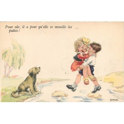 Illustrateur JANSER. Pour sûr, il a peur qu'elle se mouille les pattes !