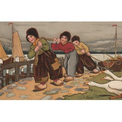 Illustrateur WELLS Les Enfants au Pays-Bas. Tirant un bateau de Pêche