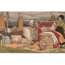 Illustrateur WELLS Les Enfants au Pays-Bas. Lavandières étendant leur linge