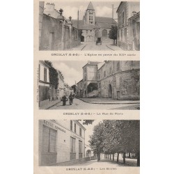 95 GROSLAY. Rare triple vues Eglise, rue de Paris et Ecoles 1913