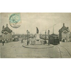 4 cpa 45 ORLEANS. Tramway entrée du Pont, Théâtre Place Etape, Hôtel de Ville et Sculptures Cathédrale