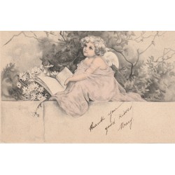 Ange Angelot tenant un livre, dos simple, voyagé en 1903 illustrateur à identifier