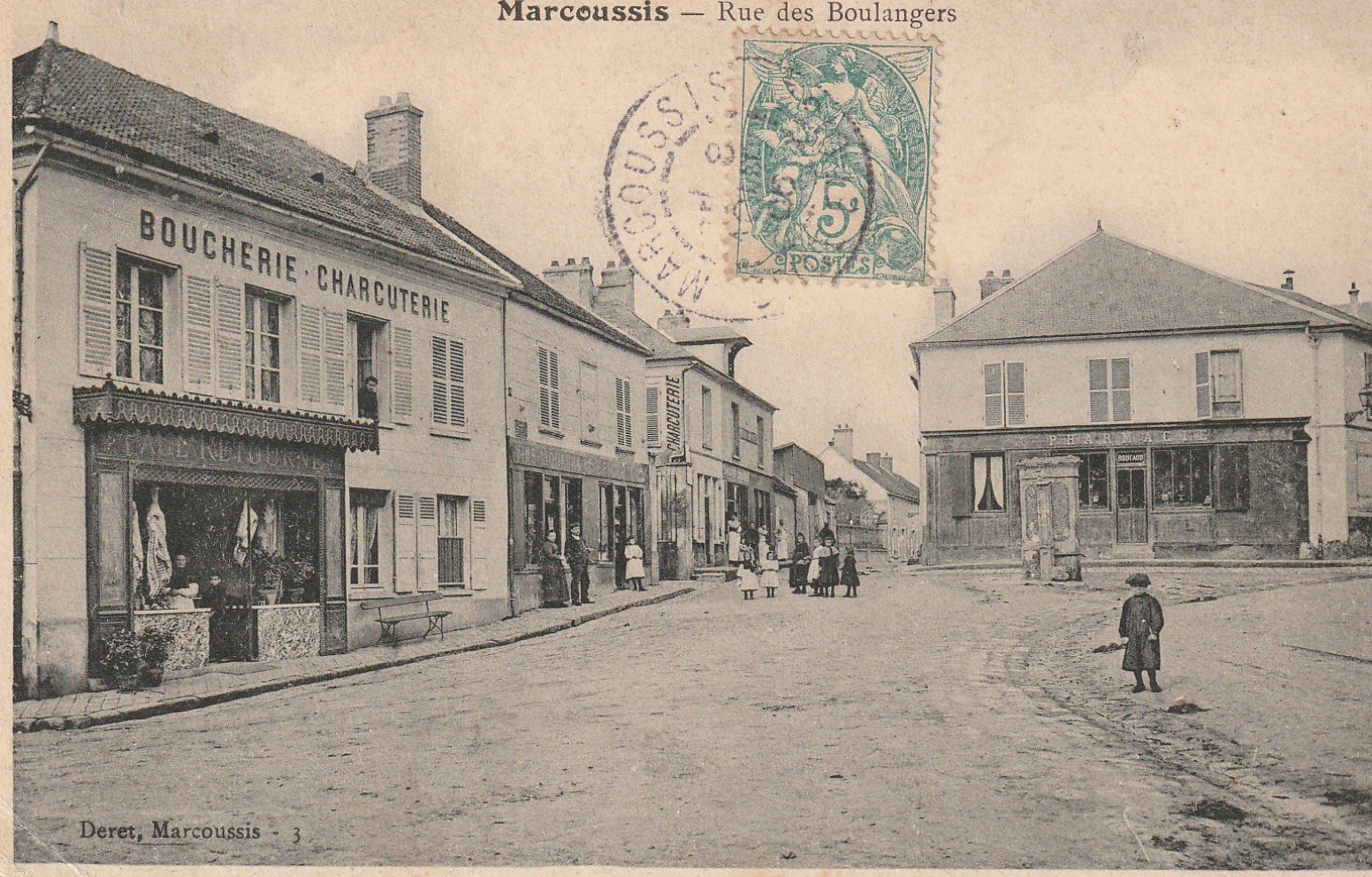 91 MARCOUSSIS. Boucherie Charcuterie et Pharmacie Rue des Boulangers 1905