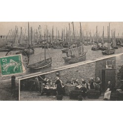56 QUIBERON. Barques de Pêcheurs dans le Port Haliguen et lavandière à l'Usine 1911
