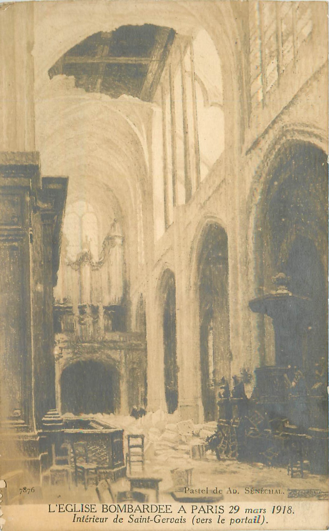 75 PARIS. Eglise Saint-Gervais et ses orgues bombardée en 1918