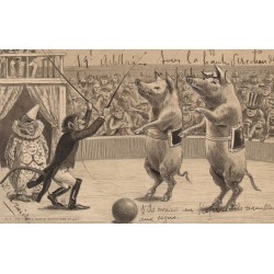 LE CIRQUE. Singes dompteur et clown avec cochons humanisés, carte gaufrée 1904