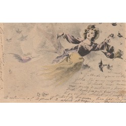 Illustrateur Emile BAYARD. LE CHANT Femme volant parmi les oiseaux 1901