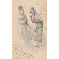 Illustrateur VIENNE. Femme et bonhomme de neige vers 1901