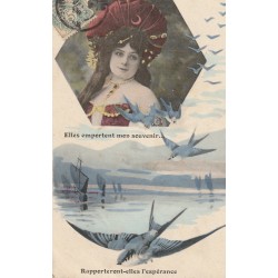 FANTAISIES Animaux. Superbe femme avec hirondelles. Elles emportent mon souvenir et l'espérance 1906