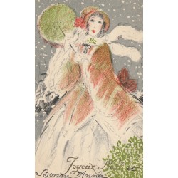 Illustrateur à identifier JOYEUX NOËL et BONNE ANNEE jolie femme sous la neige semble avoir été coloriée à la main 1934