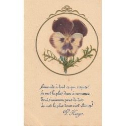 Fantaisie FLEURS véritable Pensée séchée et tige collée avec texte de Victor Hugo 1927