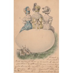 Illustrateur à identifier. Trois élégantes sur un oeuf géant et deux lapins 1901